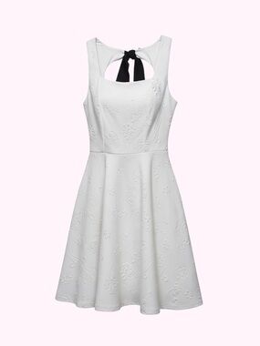 White Embroidered Fit & Flare Dress with Black Tie Back